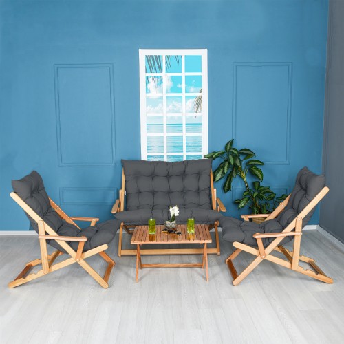 BYSAY AHŞAP KATLANABİLİR TAŞINIR PUF MİNDERLİ KOLLU ŞEZLONG PLAJ TERAS BALKON BAHÇE TAKIMI 4 LÜ SET (ANTRASİT)