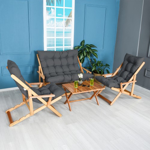 BYSAY AHŞAP KATLANABİLİR TAŞINIR PUF MİNDERLİ KOLLU ŞEZLONG PLAJ TERAS BALKON BAHÇE TAKIMI 4 LÜ SET (ANTRASİT)