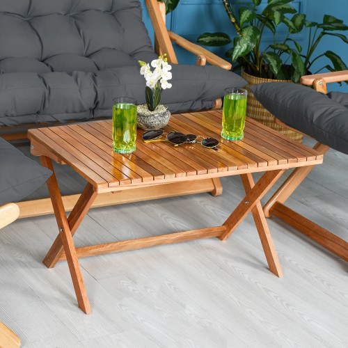 BYSAY AHŞAP KATLANABİLİR TAŞINIR PUF MİNDERLİ KOLLU ŞEZLONG PLAJ TERAS BALKON BAHÇE TAKIMI 4 LÜ SET (ANTRASİT)