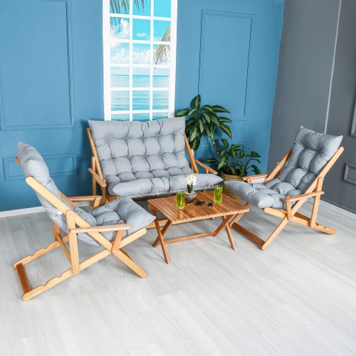 BYSAY AHŞAP KATLANABİLİR TAŞINIR PUF MİNDERLİ KOLLU ŞEZLONG PLAJ TERAS BALKON BAHÇE TAKIMI 4 LÜ SET (GRİ)