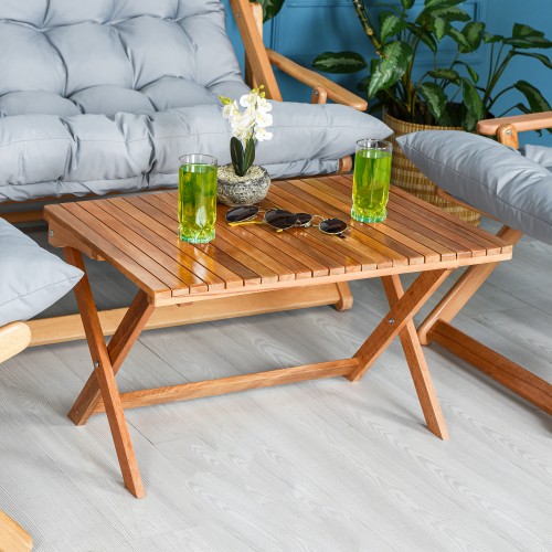 BYSAY AHŞAP KATLANABİLİR TAŞINIR PUF MİNDERLİ KOLLU ŞEZLONG PLAJ TERAS BALKON BAHÇE TAKIMI 4 LÜ SET (GRİ)