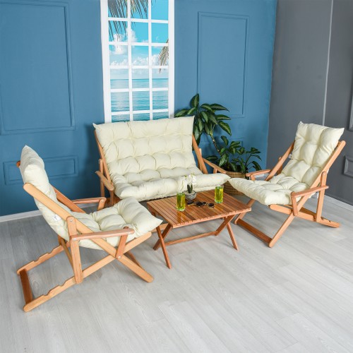 BYSAY AHŞAP KATLANABİLİR TAŞINIR PUF MİNDERLİ KOLLU ŞEZLONG PLAJ TERAS BALKON BAHÇE TAKIMI 4 LÜ SET (KREM)