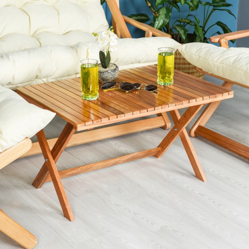 BYSAY AHŞAP KATLANABİLİR TAŞINIR PUF MİNDERLİ KOLLU ŞEZLONG PLAJ TERAS BALKON BAHÇE TAKIMI 4 LÜ SET (KREM)