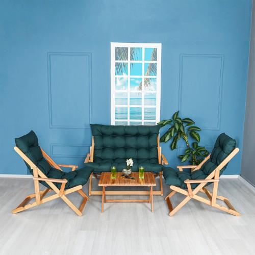 BYSAY AHŞAP KATLANABİLİR TAŞINIR PUF MİNDERLİ KOLLU ŞEZLONG PLAJ TERAS BALKON BAHÇE TAKIMI 4 LÜ SET (YEŞİL)