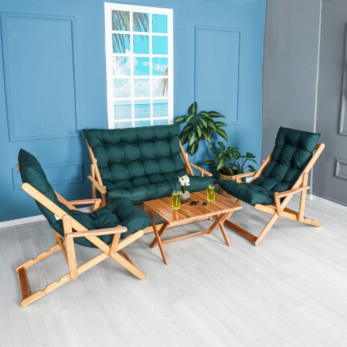 BYSAY AHŞAP KATLANABİLİR TAŞINIR PUF MİNDERLİ KOLLU ŞEZLONG PLAJ TERAS BALKON BAHÇE TAKIMI 4 LÜ SET (YEŞİL)