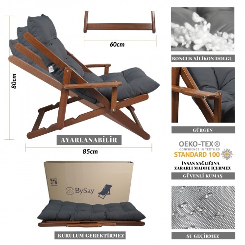 BYSAY WOODEN FOLDABLE PORTABLE POUCH CUSHION ARMREST. FOR BEACH, GARDEN, BALCONY (WALNUT-ANTHRACITE)