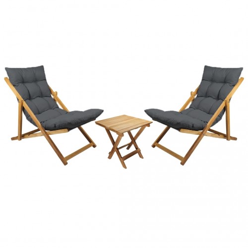 BYSAY AHŞAP KATLANABİLİR TAŞINIR PUF MİNDERLİ ŞEZLONG. PLAJ, BAHÇE, TERAS, BALKON İÇİN 3 LÜ SET (ANTRASİT)