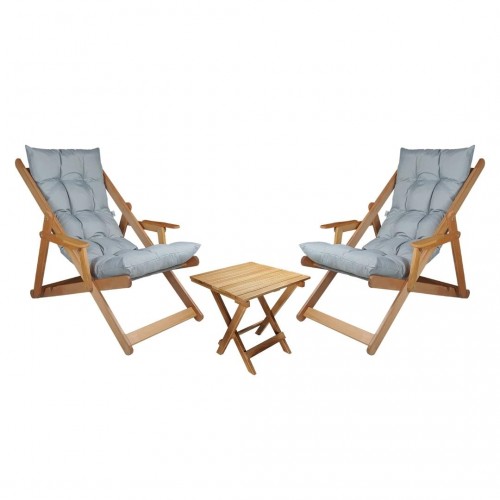 BYSAY AHŞAP KATLANABİLİR TAŞINIR PUF MİNDERLİ KOLLU  ŞEZLONG. PLAJ, BAHÇE, TERAS, BALKON İÇİN 3 LÜ SET (GRİ)