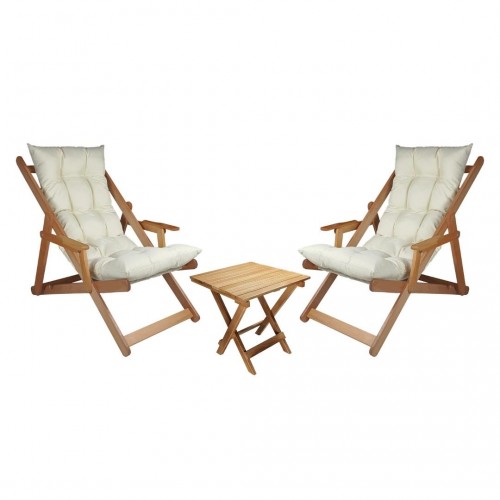 BYSAY AHŞAP KATLANABİLİR TAŞINIR PUF MİNDERLİ KOLLU  ŞEZLONG. PLAJ, BAHÇE, TERAS, BALKON İÇİN 3 LÜ SET (KREM)