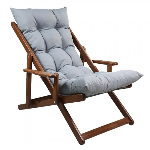BYSAY AHŞAP KATLANABİLİR TAŞINIR PUF MİNDERLİ KOLLU ŞEZLONG. PLAJ, BAHÇE, BALKON İÇİN (CEVİZ-GRİ)