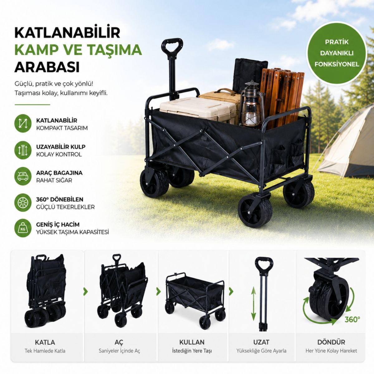KATLANIR KAMP ARABASI PİKNİK ARABASI ÇOK  AMAÇLI EL ARABASI PAZAR PLAJ MARKET ARACI